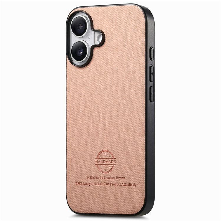For iPhone 16 Plus Case Cloth Texture Leather+PC+TPU Anti-Drop Phone Cover - Pink