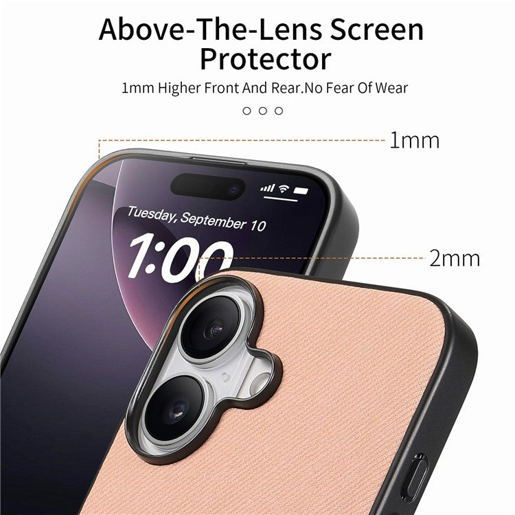 For iPhone 16 Plus Case Cloth Texture Leather+PC+TPU Anti-Drop Phone Cover - Pink