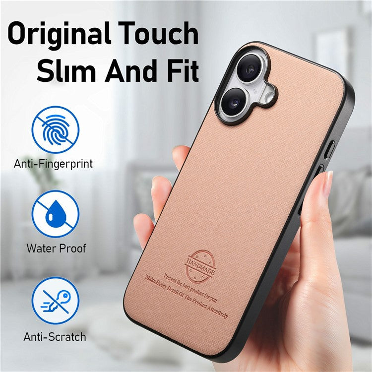 For iPhone 16 Plus Case Cloth Texture Leather+PC+TPU Anti-Drop Phone Cover - Pink