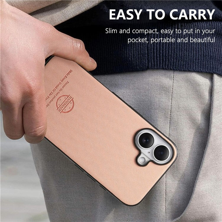 For iPhone 16 Plus Case Cloth Texture Leather+PC+TPU Anti-Drop Phone Cover - Pink