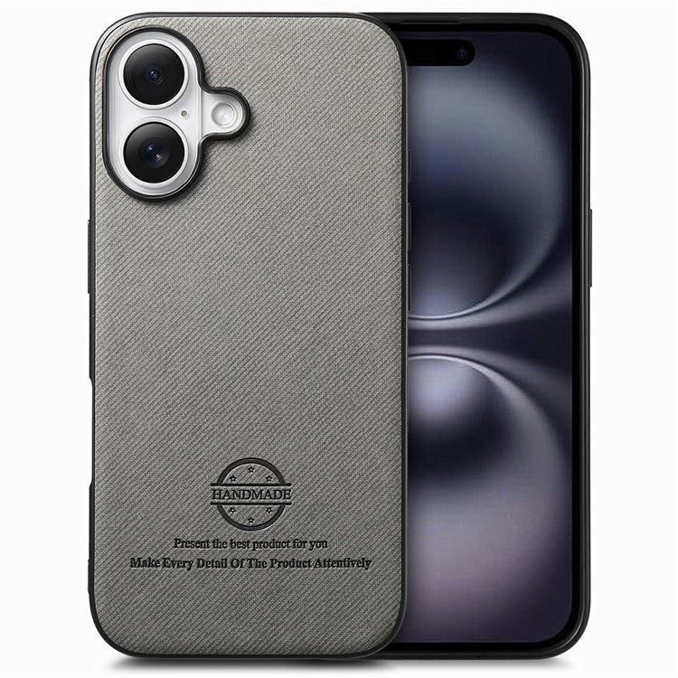 For iPhone 16 Plus Case Cloth Texture Leather+PC+TPU Anti-Drop Phone Cover - Grey
