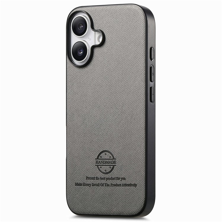 For iPhone 16 Plus Case Cloth Texture Leather+PC+TPU Anti-Drop Phone Cover - Grey