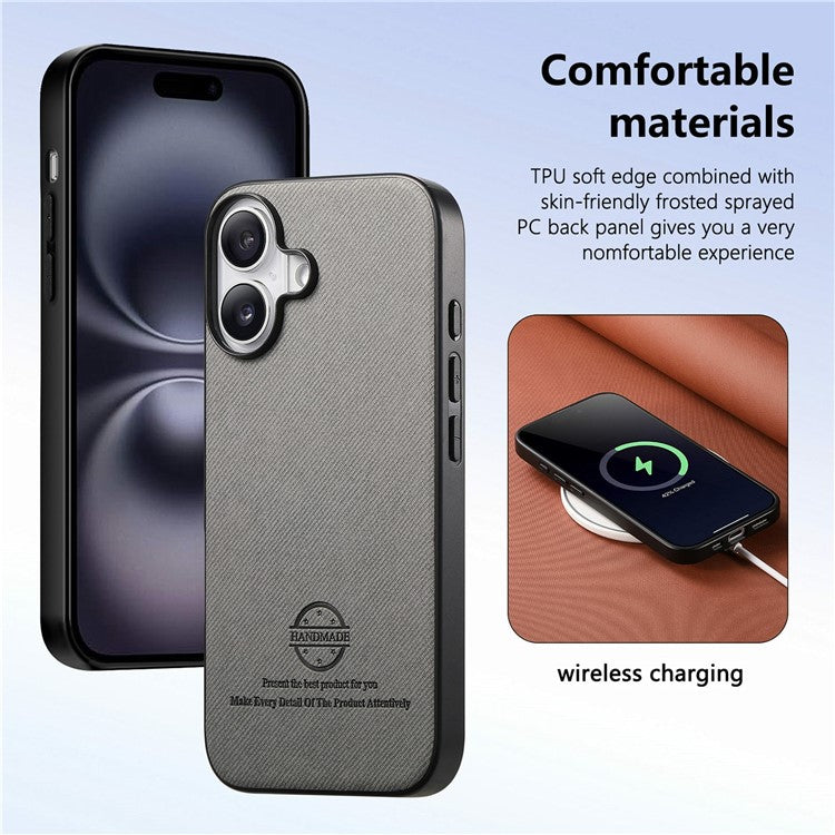 For iPhone 16 Plus Case Cloth Texture Leather+PC+TPU Anti-Drop Phone Cover - Grey