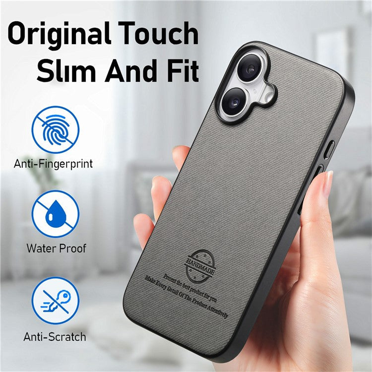 For iPhone 16 Plus Case Cloth Texture Leather+PC+TPU Anti-Drop Phone Cover - Grey