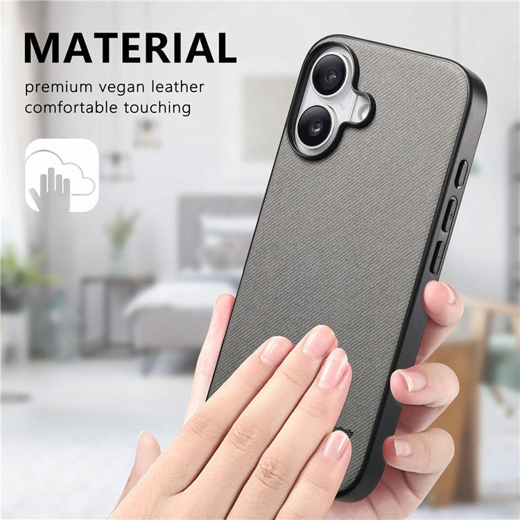 For iPhone 16 Plus Case Cloth Texture Leather+PC+TPU Anti-Drop Phone Cover - Grey
