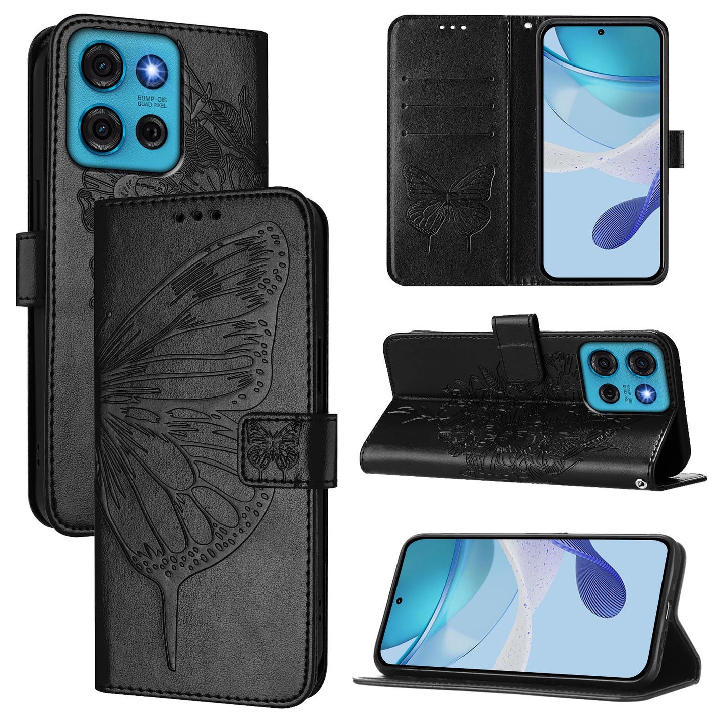 For Motorola Moto G75 5G Case YB Imprinting Series-4 Butterfly Flower Flip Wallet Leather Phone Cover - Black