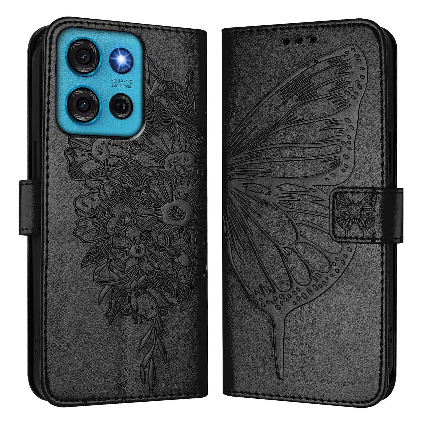 For Motorola Moto G75 5G Case YB Imprinting Series-4 Butterfly Flower Flip Wallet Leather Phone Cover - Black