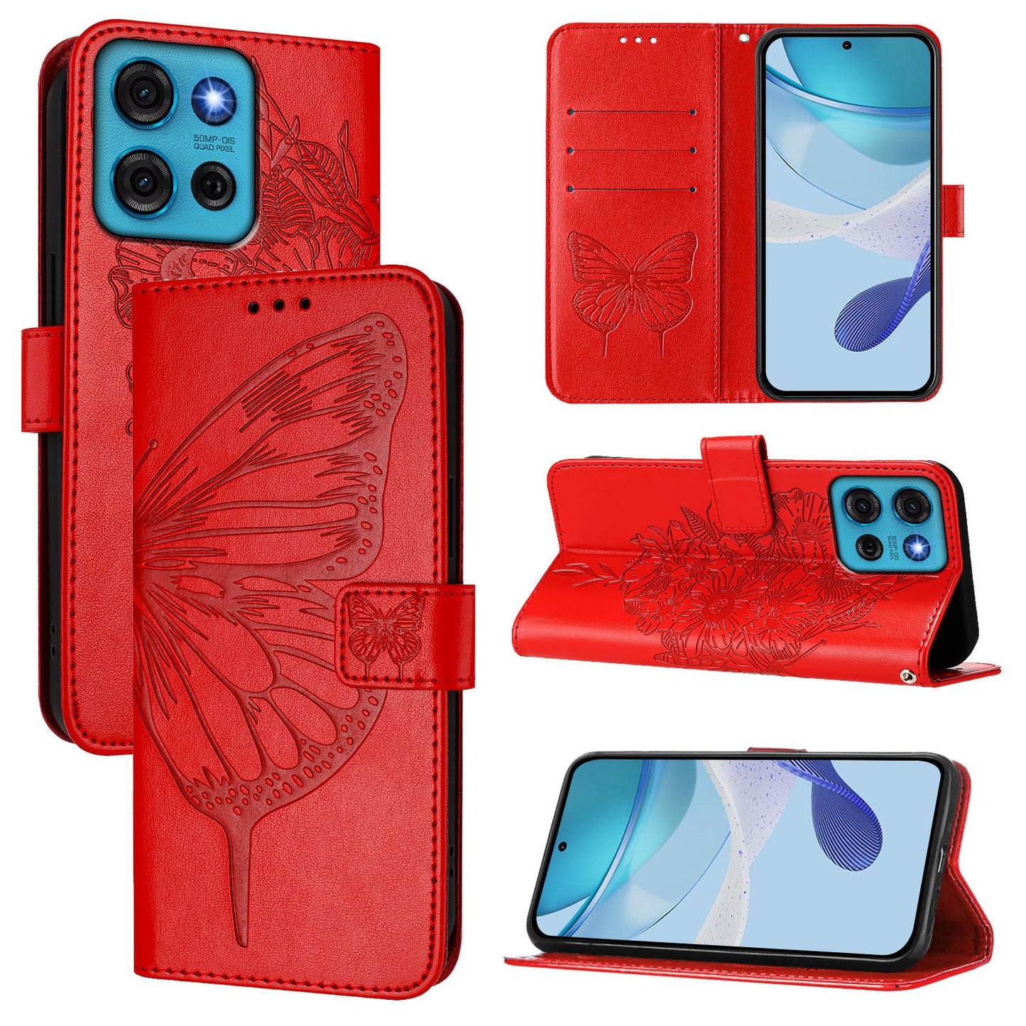 For Motorola Moto G75 5G Case YB Imprinting Series-4 Butterfly Flower Flip Wallet Leather Phone Cover - Red