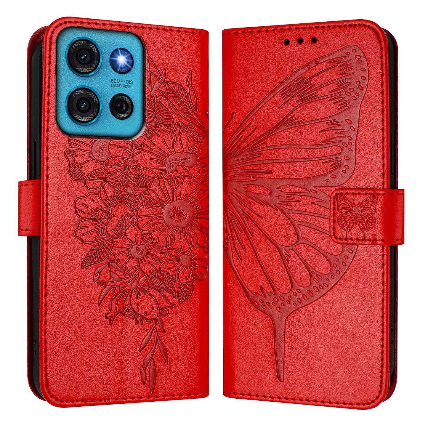 For Motorola Moto G75 5G Case YB Imprinting Series-4 Butterfly Flower Flip Wallet Leather Phone Cover - Red