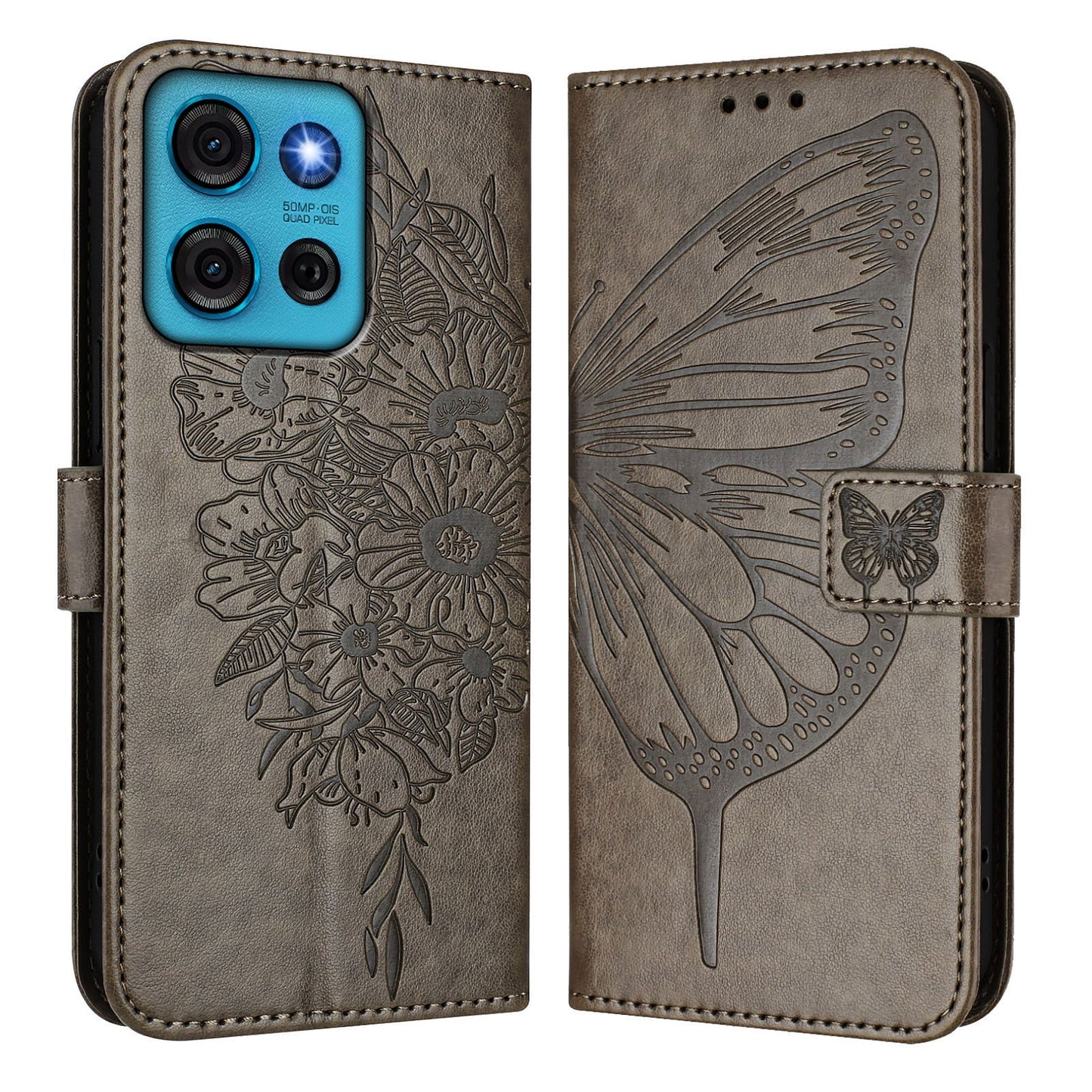 For Motorola Moto G75 5G Case YB Imprinting Series-4 Butterfly Flower Flip Wallet Leather Phone Cover - Grey