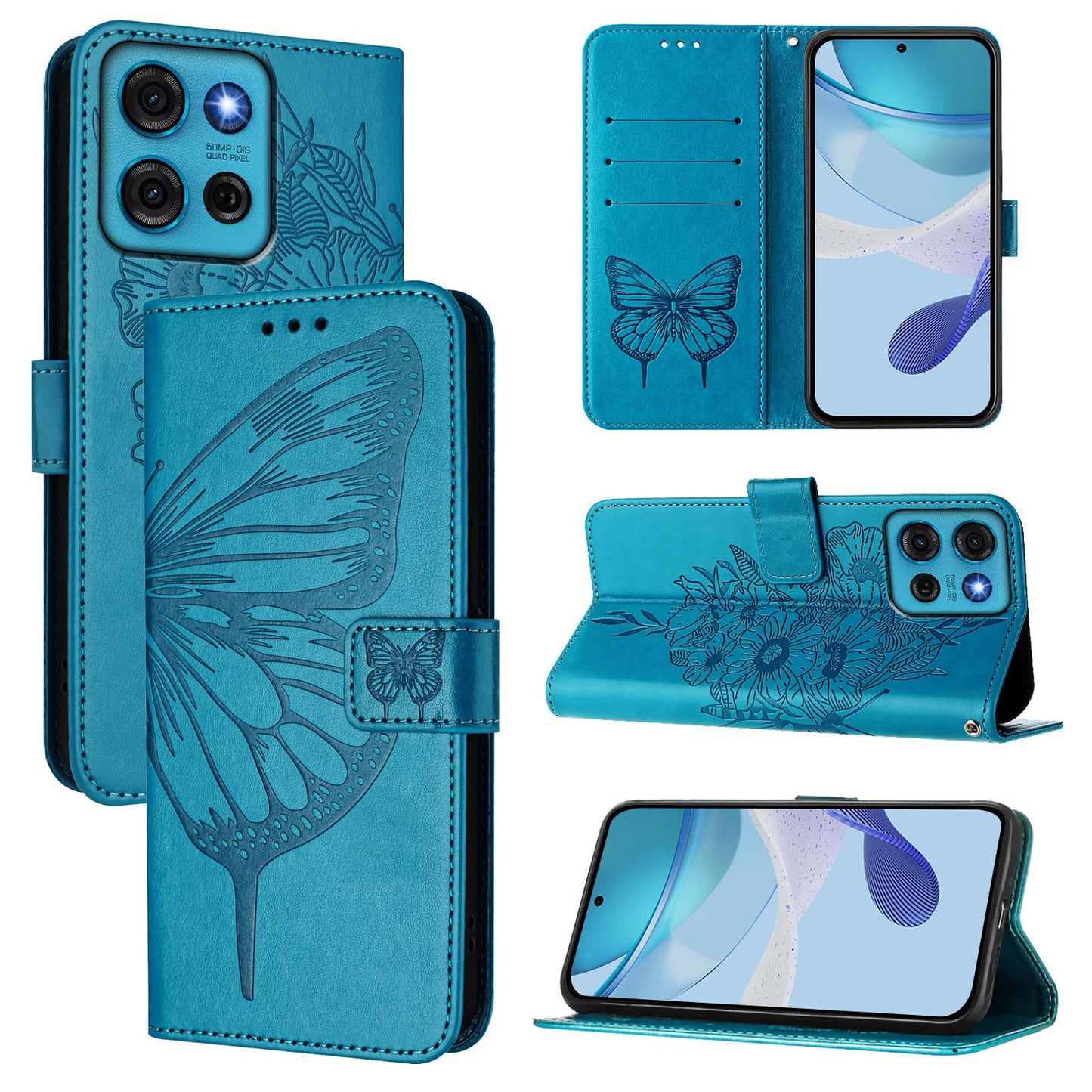 For Motorola Moto G75 5G Case YB Imprinting Series-4 Butterfly Flower Flip Wallet Leather Phone Cover - Blue