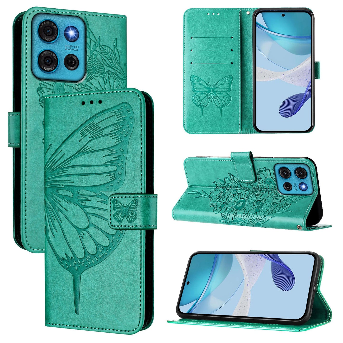 For Motorola Moto G75 5G Case YB Imprinting Series-4 Butterfly Flower Flip Wallet Leather Phone Cover - Green