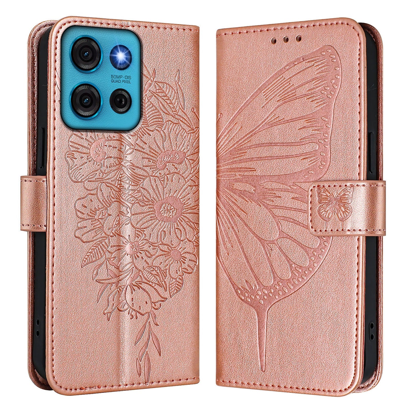 For Motorola Moto G75 5G Case YB Imprinting Series-4 Butterfly Flower Flip Wallet Leather Phone Cover - Rose Gold