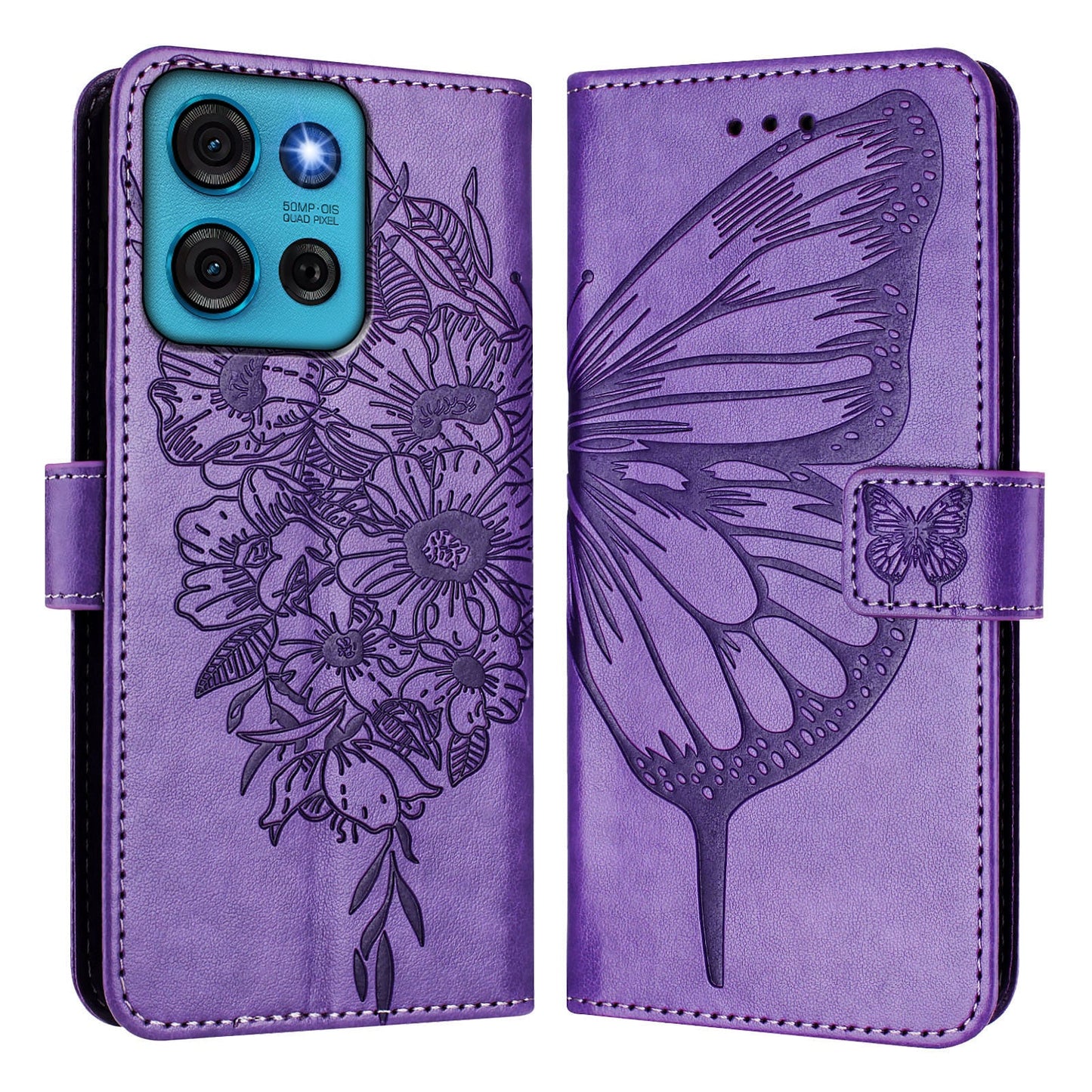 For Motorola Moto G75 5G Case YB Imprinting Series-4 Butterfly Flower Flip Wallet Leather Phone Cover - Purple