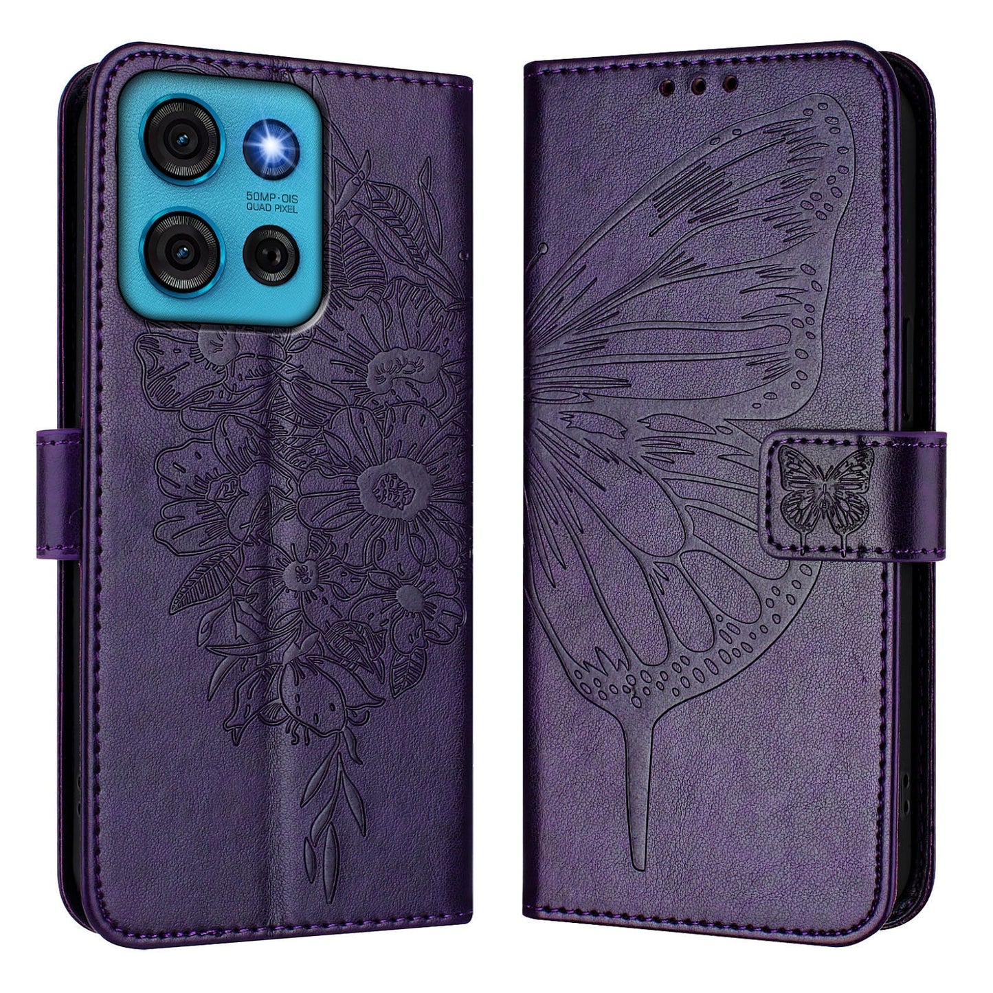 For Motorola Moto G75 5G Case YB Imprinting Series-4 Butterfly Flower Flip Wallet Leather Phone Cover - Dark Purple