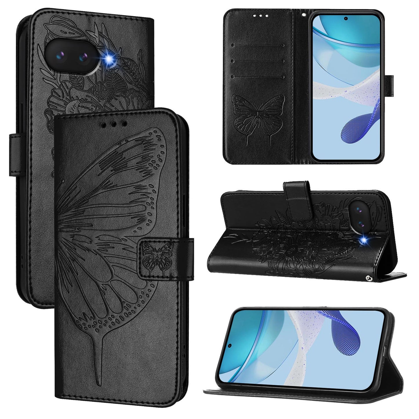 For Google Pixel 9a Case YB Imprinting Series-4 Butterfly Flower Flip Wallet Leather Phone Cover - Black