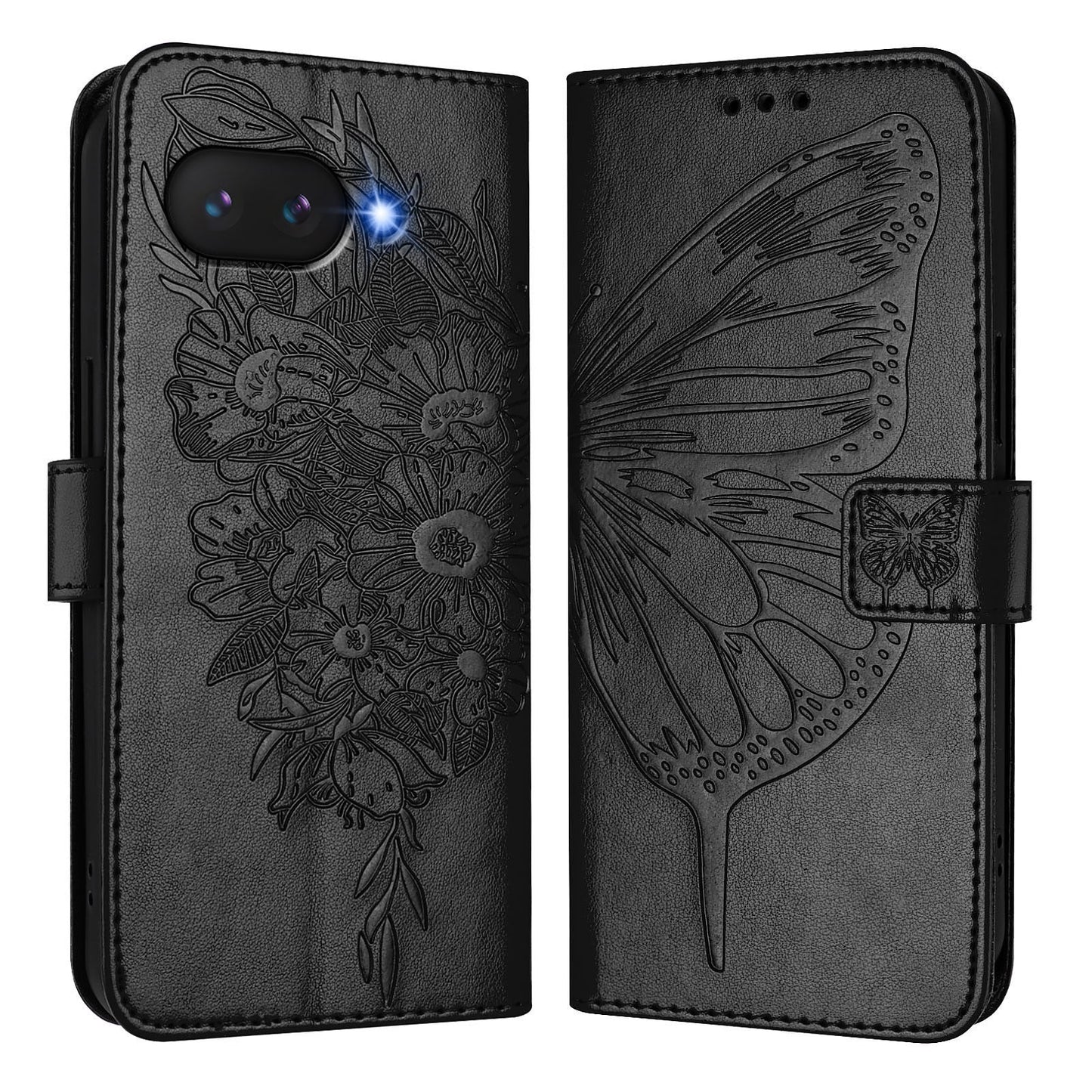 For Google Pixel 9a Case YB Imprinting Series-4 Butterfly Flower Flip Wallet Leather Phone Cover - Black