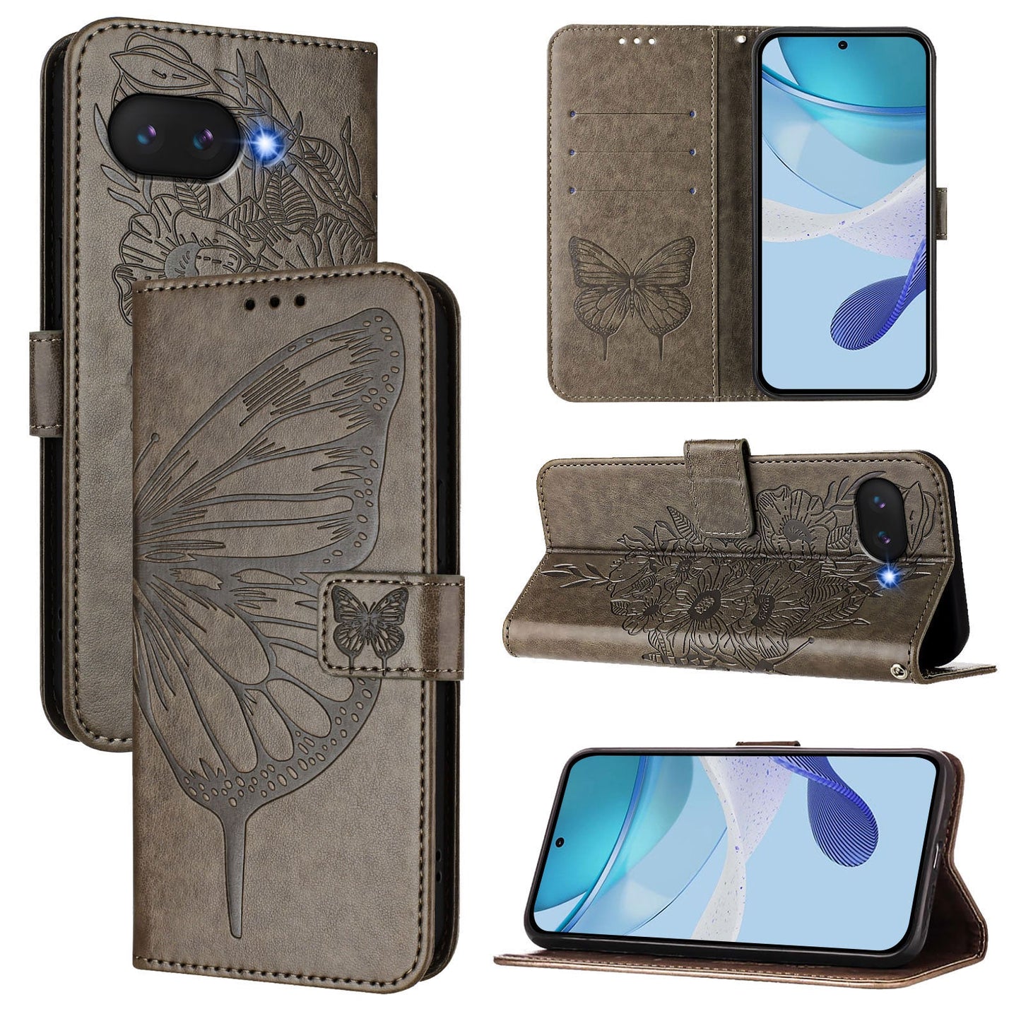 For Google Pixel 9a Case YB Imprinting Series-4 Butterfly Flower Flip Wallet Leather Phone Cover - Grey
