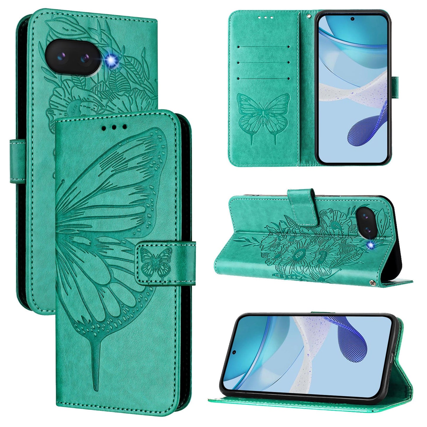 For Google Pixel 9a Case YB Imprinting Series-4 Butterfly Flower Flip Wallet Leather Phone Cover - Green