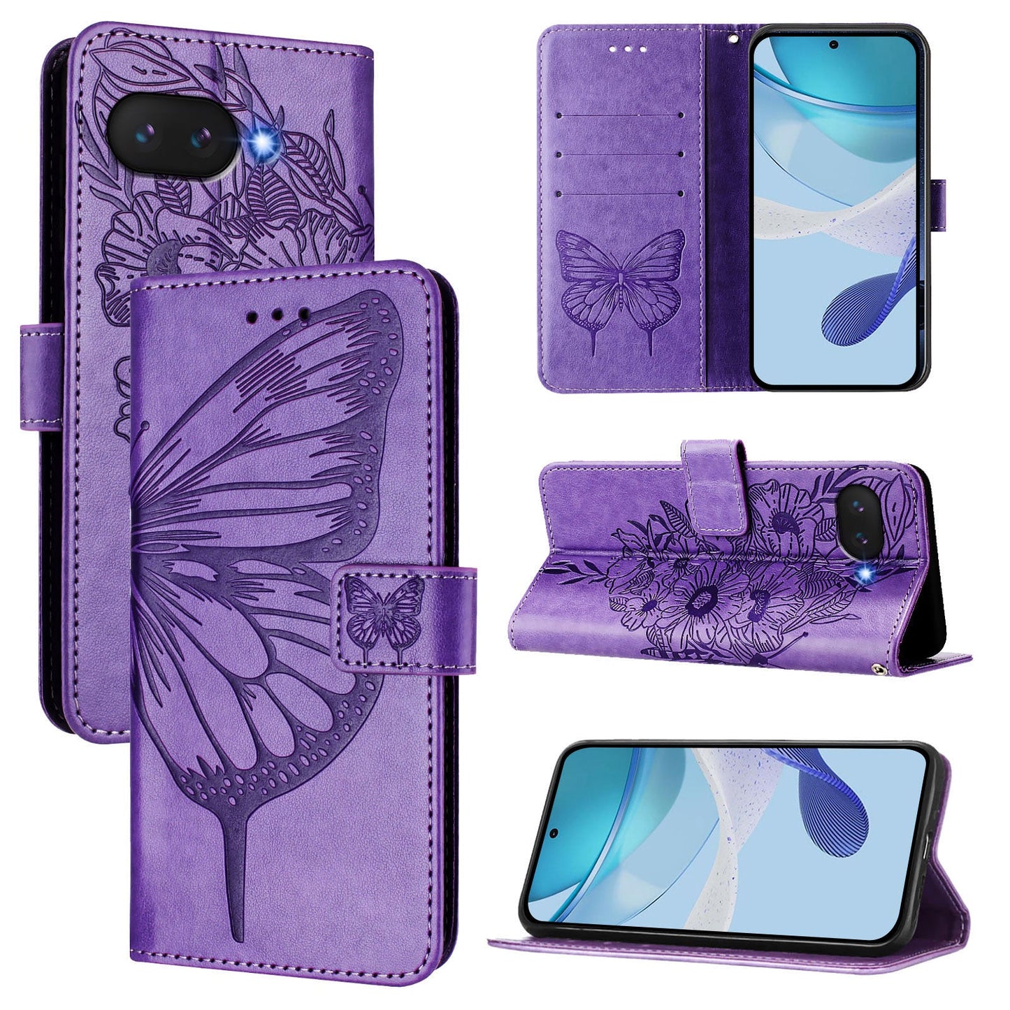 For Google Pixel 9a Case YB Imprinting Series-4 Butterfly Flower Flip Wallet Leather Phone Cover - Purple