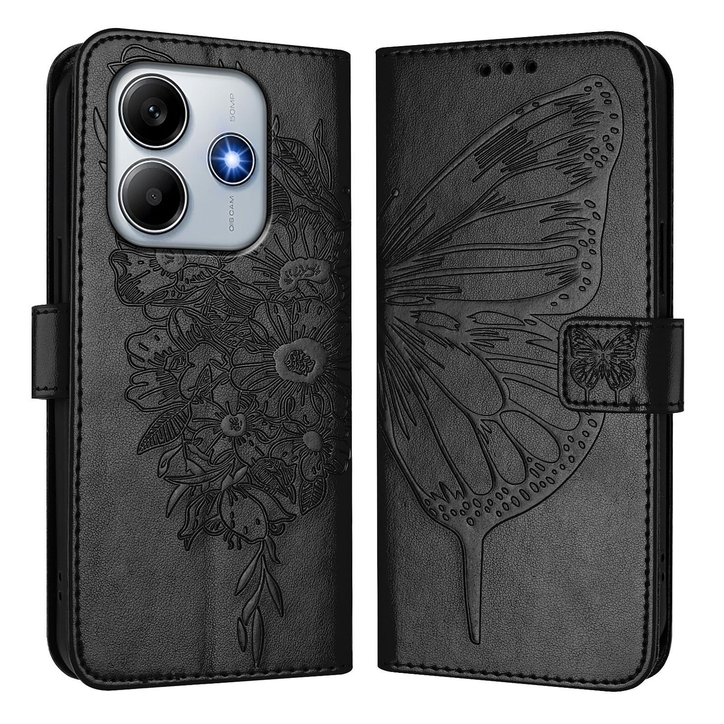 For Xiaomi Redmi Note 14 5G Case YB Imprinting Series-4 Butterfly Flower Flip Wallet Leather Phone Cover - Black