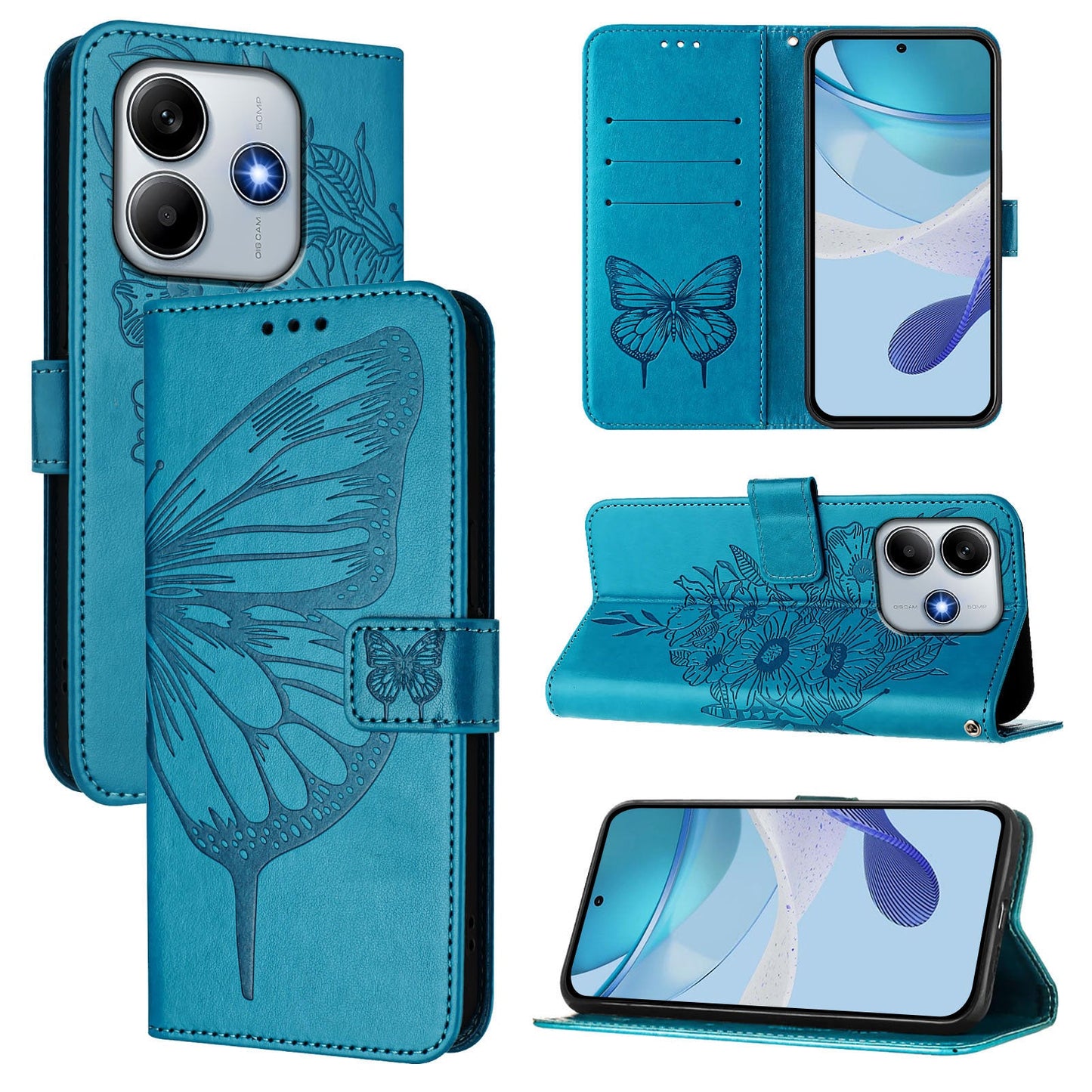 For Xiaomi Redmi Note 14 5G Case YB Imprinting Series-4 Butterfly Flower Flip Wallet Leather Phone Cover - Blue