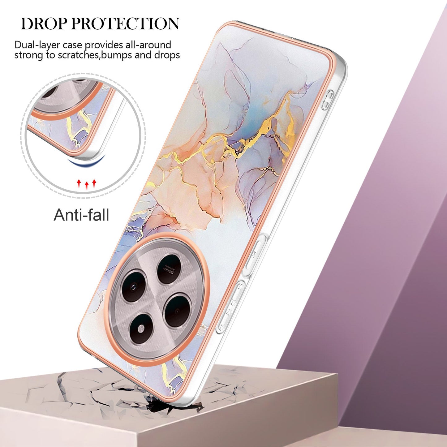 For Xiaomi Redmi 14R 5G / Xiaomi Poco C75 4G / Xiaomi Redmi 14C 4G Case YB IMD Series-1 Style-A IMD Marble Flower Pattern TPU Phone Cover - Milky Way Marble White