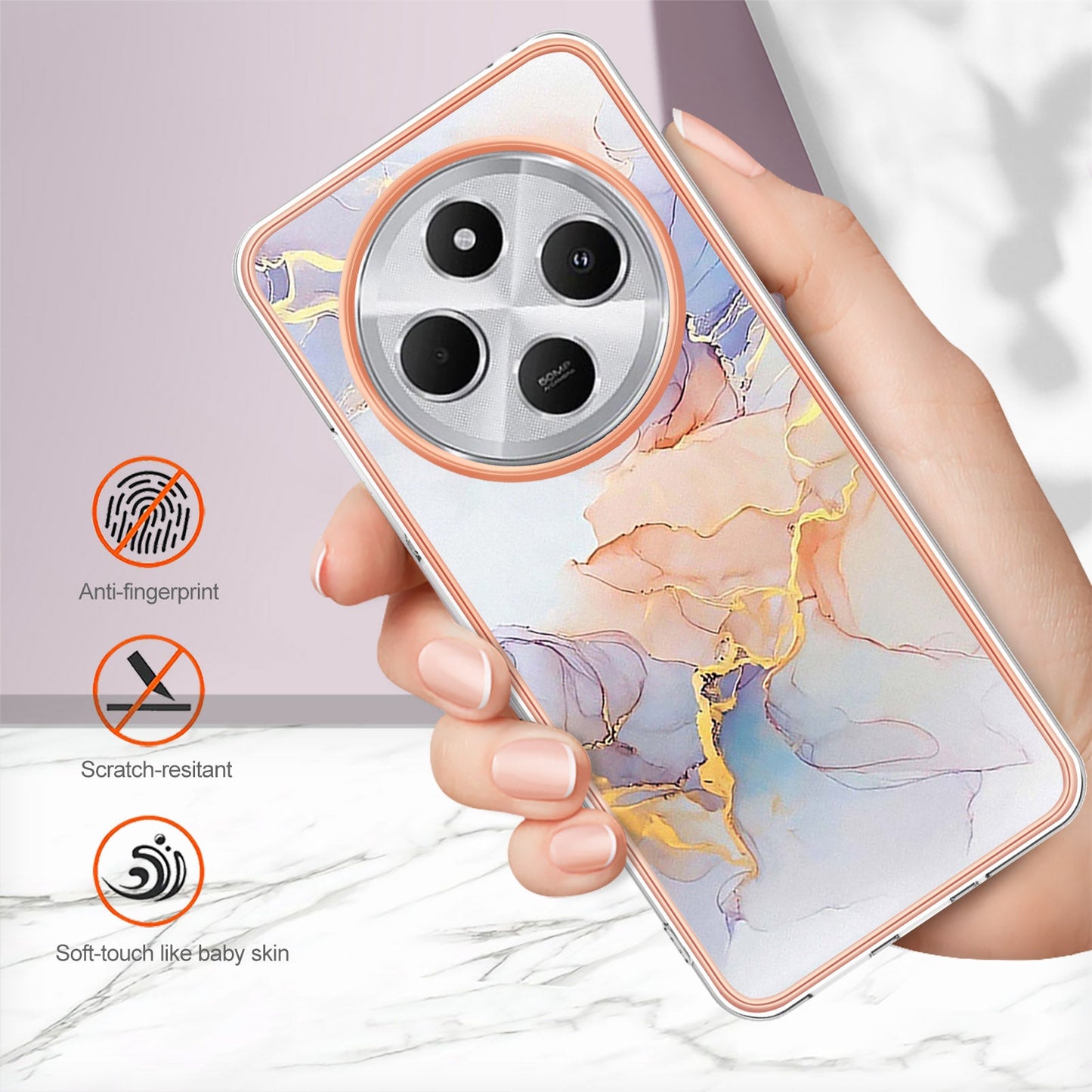 For Xiaomi Redmi 14R 5G / Xiaomi Poco C75 4G / Xiaomi Redmi 14C 4G Case YB IMD Series-1 Style-A IMD Marble Flower Pattern TPU Phone Cover - Milky Way Marble White