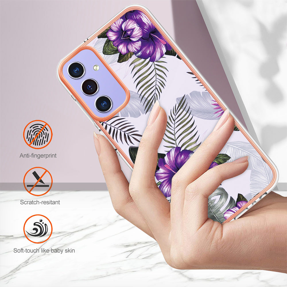 For Samsung Galaxy A16 4G / Galaxy A16 5G Case YB IMD Series-1 Style-A IMD Marble Flower Pattern TPU Phone Cover - Purple Flower