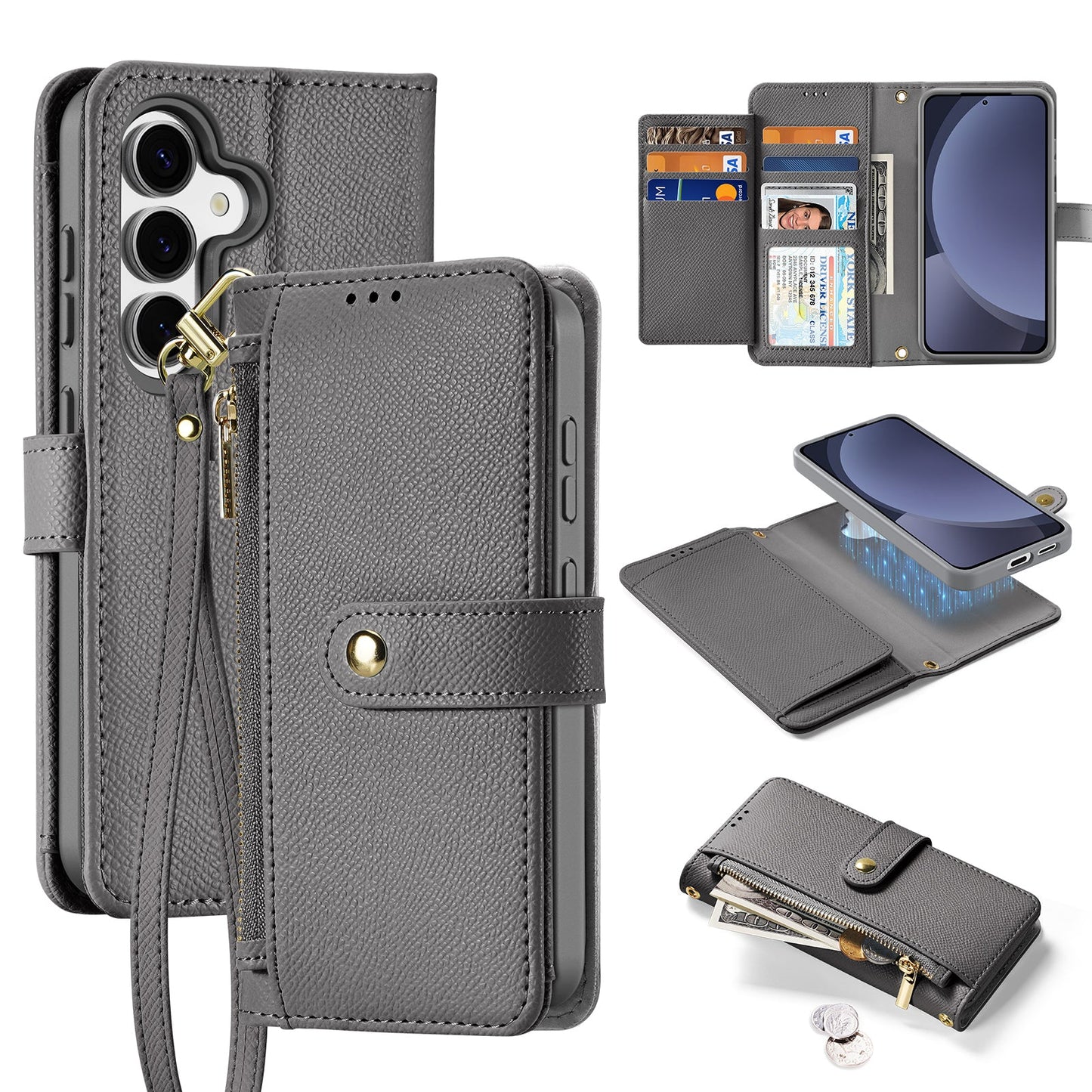 For Samsung Galaxy S25+ Case DUX DUCIS Lawa Series Detachable Magnetic Cowhide Leather Cover Zipper Wallet - Grey