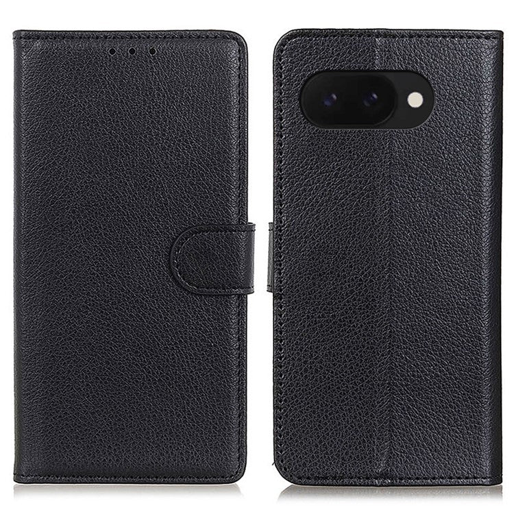 For Google Pixel 9a Wallet Case PU Leather Phone Cover Litchi Texture - Black