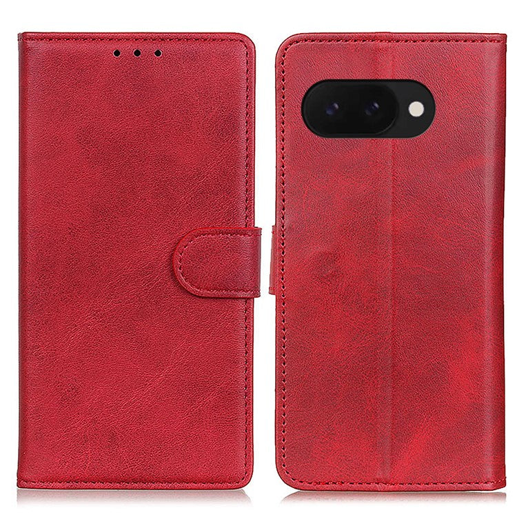For Google Pixel 9a Stand Wallet Case Cowhide Texture Leather Phone Cover - Red