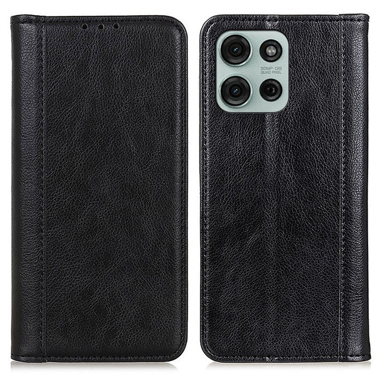 For Motorola Moto G75 5G Stand Case Split Leather Litchi Texture Wallet Phone Cover - Black