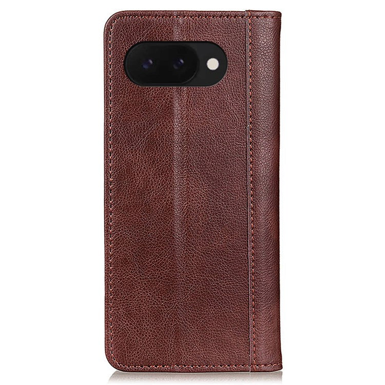 For Google Pixel 9a Stand Case Split Leather Litchi Texture Wallet Phone Cover - Brown