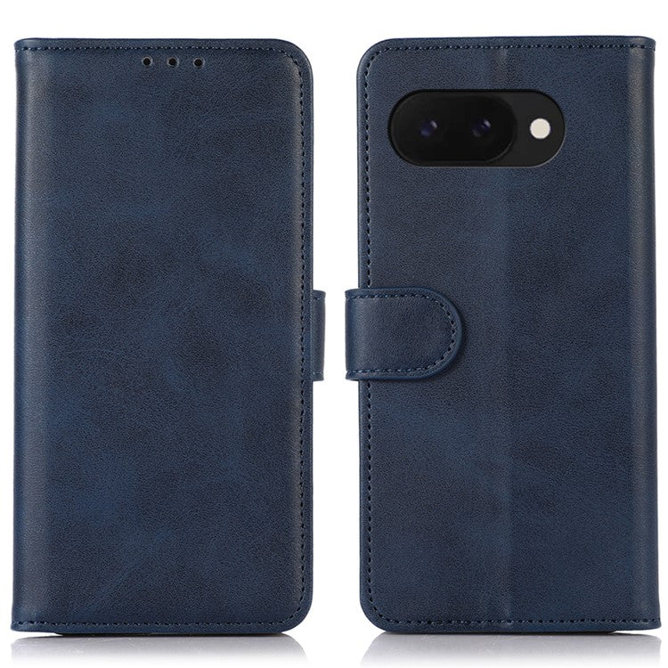 For Google Pixel 9a Case Cowhide Texture Leather Wallet Phone Cover with Stand - Blue