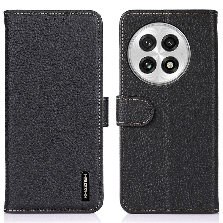 KHAZNEH For OnePlus 13 Phone Case Genuine Cow Leather Flip Cover - Black