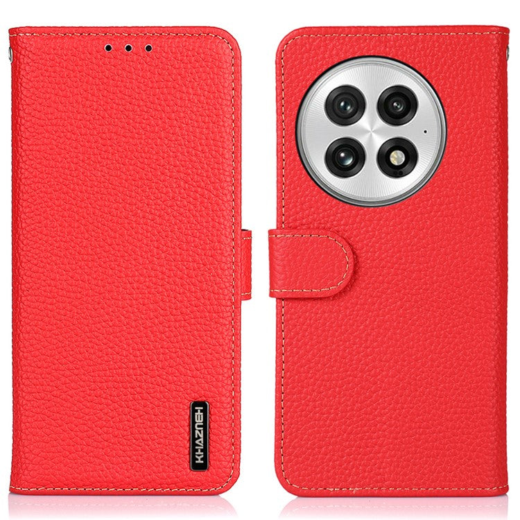 KHAZNEH For OnePlus 13 Phone Case Genuine Cow Leather Flip Cover - Red