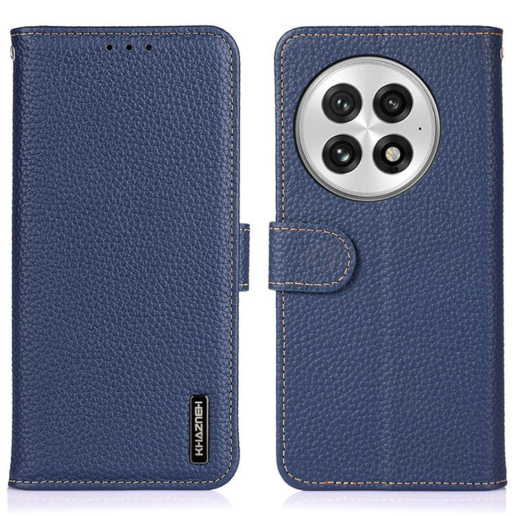 KHAZNEH For OnePlus 13 Phone Case Genuine Cow Leather Flip Cover - Blue