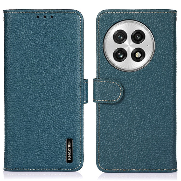 KHAZNEH For OnePlus 13 Phone Case Genuine Cow Leather Flip Cover - Green