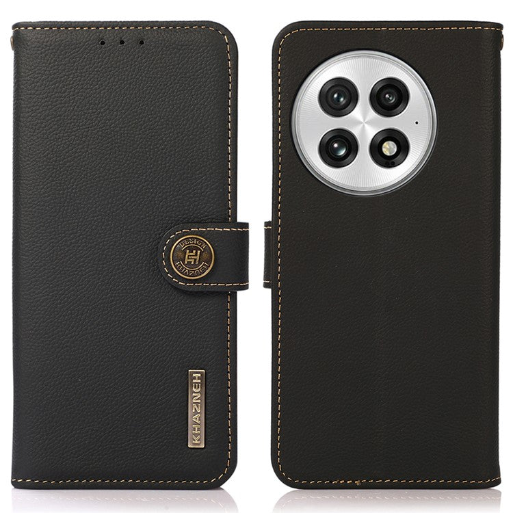KHAZNEH For OnePlus 13 Case Genuine Cow Leather Wallet Phone Cover - Black