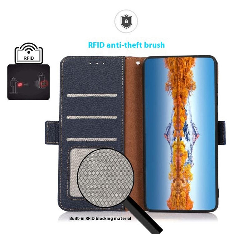 KHAZNEH For OnePlus 13 Phone Case Genuine Cow Leather Cover RFID Blocking - Blue