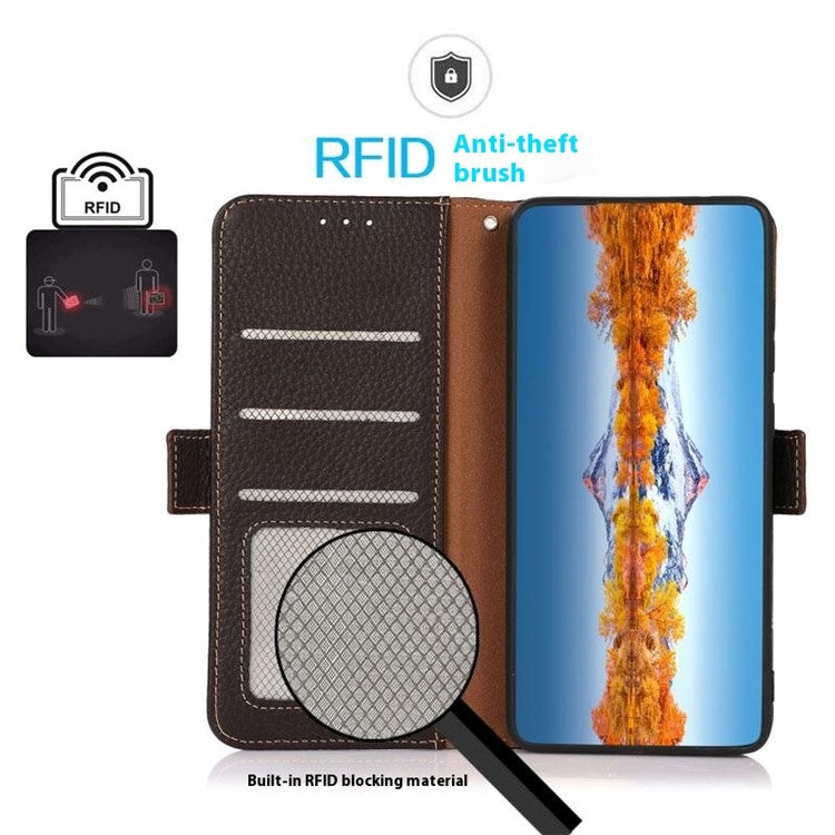 KHAZNEH For OnePlus 13 Phone Case Genuine Cow Leather Cover RFID Blocking - Brown