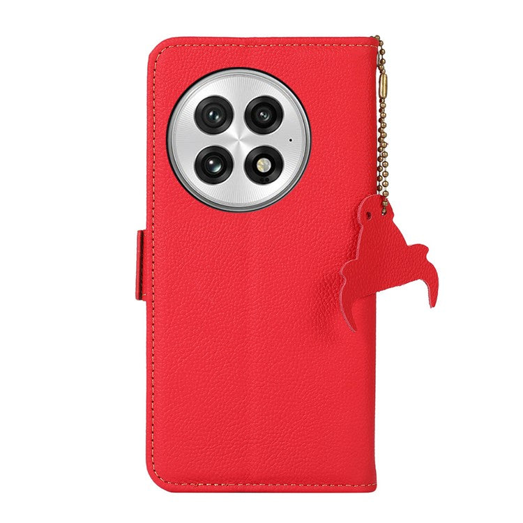 TJ For OnePlus 13 Case RFID Blocking Genuine Cow Leather Phone Cover - Red