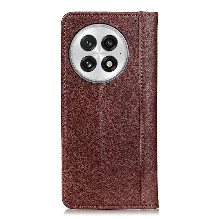 For OnePlus 13 Stand Case Split Leather Litchi Texture Wallet Phone Cover - Brown