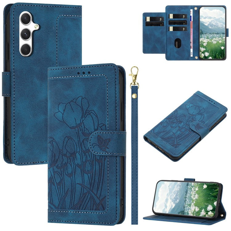 For Samsung Galaxy A35 5G Case Tulip Leather Phone Cover with 5 Card Slots Wallet - Blue