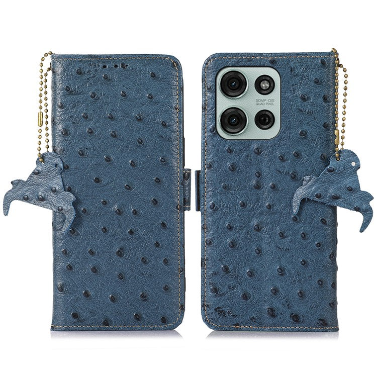For Motorola Moto G75 5G Case RFID Blocking Genuine Cow Leather Phone Case Ostrich Texture - Blue