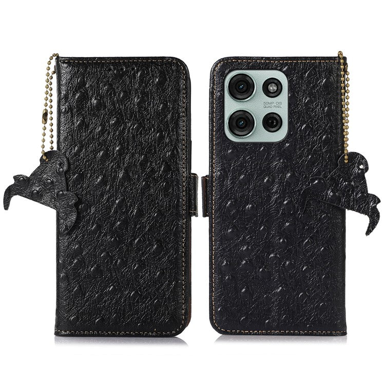 For Motorola Moto G75 5G Case RFID Blocking Genuine Cow Leather Phone Case Ostrich Texture - Black