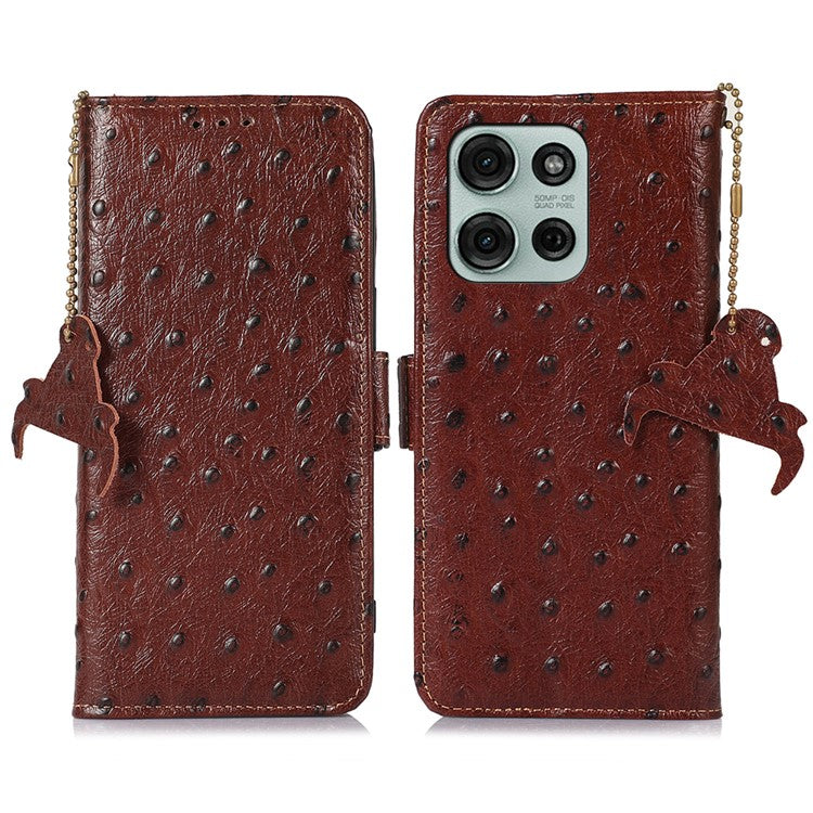 For Motorola Moto G75 5G Case RFID Blocking Genuine Cow Leather Phone Case Ostrich Texture - Brown