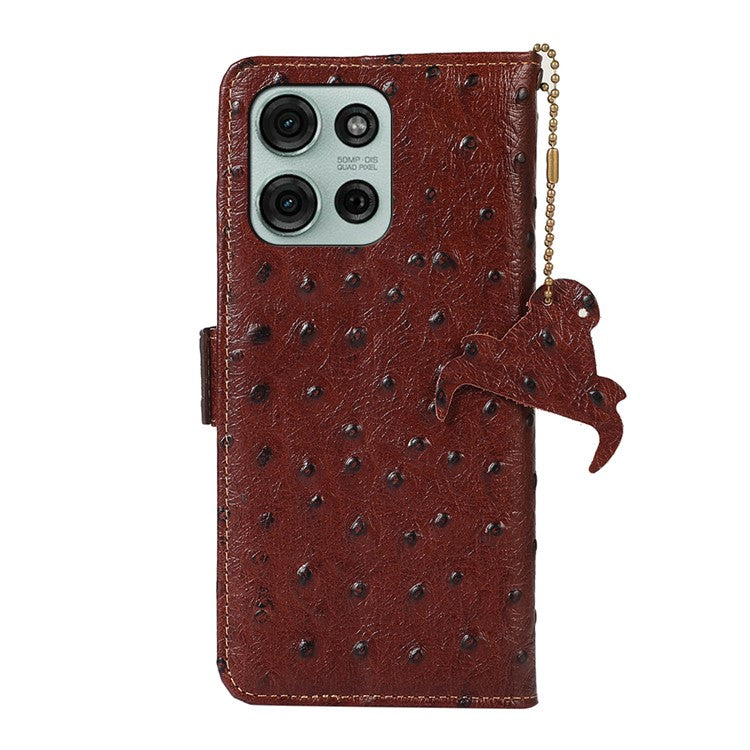 For Motorola Moto G75 5G Case RFID Blocking Genuine Cow Leather Phone Case Ostrich Texture - Brown