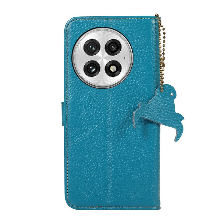 For OnePlus 13 Case RFID Blocking Genuine Cow Leather Phone Cover Litchi Texture - Blue